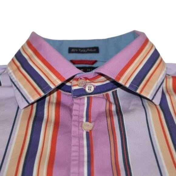 Tommy Hilfiger Large 80's 2 Ply Fabric Multi Color Striped Clubwear Dress Shirt - Picture 6 of 8